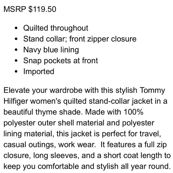 Tommy Hilfiger Women's Quilted Mock Neck Collar Zip Jacket in Thyme Green XL - Picture 8 of 8